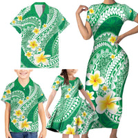 Plumeria Polynesian Green Glitter Pattern Family Matching Short Sleeve Bodycon Dress and Hawaiian Shirt LT01 - Polynesian Pride