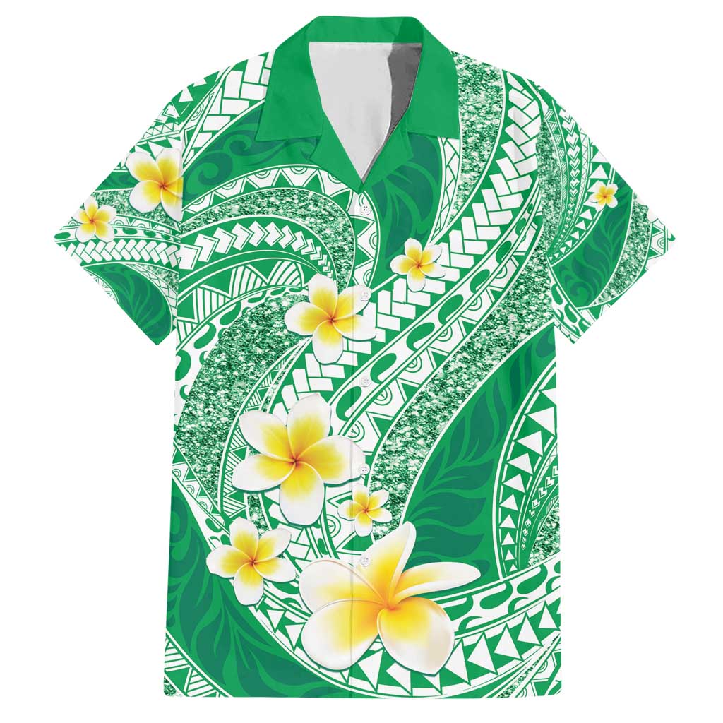 Plumeria Polynesian Green Glitter Pattern Family Matching Short Sleeve Bodycon Dress and Hawaiian Shirt LT01 Dad's Shirt - Short Sleeve Green - Polynesian Pride