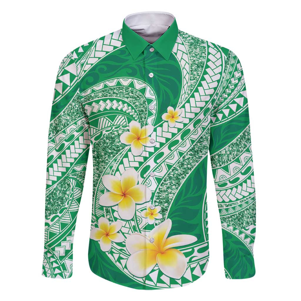 Plumeria Polynesian Green Glitter Pattern Family Matching Short Sleeve Bodycon Dress and Hawaiian Shirt LT01 Dad's Shirt - Long Sleeve Green - Polynesian Pride