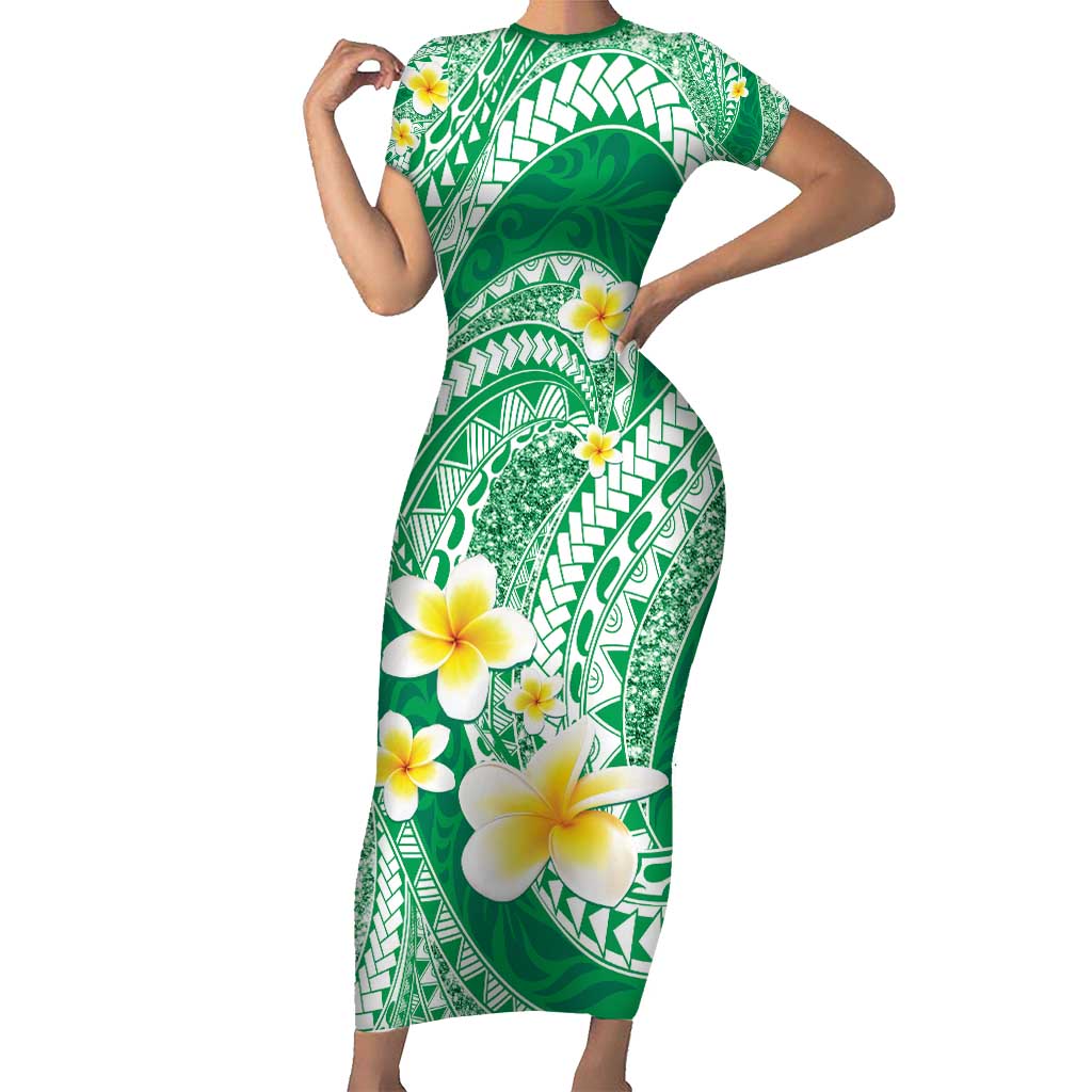 Plumeria Polynesian Green Glitter Pattern Family Matching Short Sleeve Bodycon Dress and Hawaiian Shirt LT01 Mom's Dress Green - Polynesian Pride
