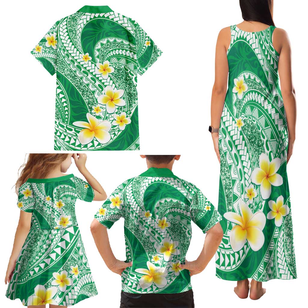 Plumeria Polynesian Green Glitter Pattern Family Matching Tank Maxi Dress and Hawaiian Shirt LT01 - Polynesian Pride