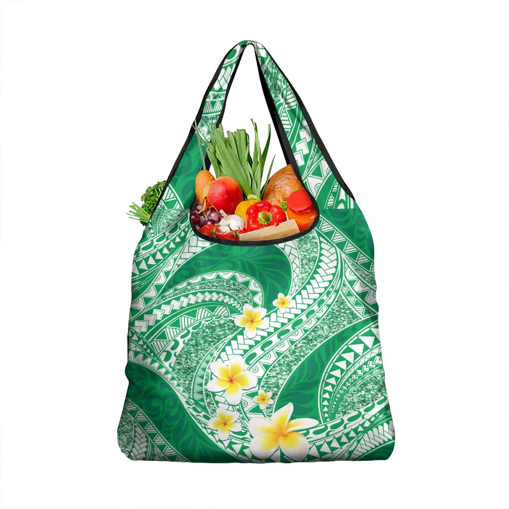 Plumeria Polynesian Green Glitter Pattern Grocery Bag
