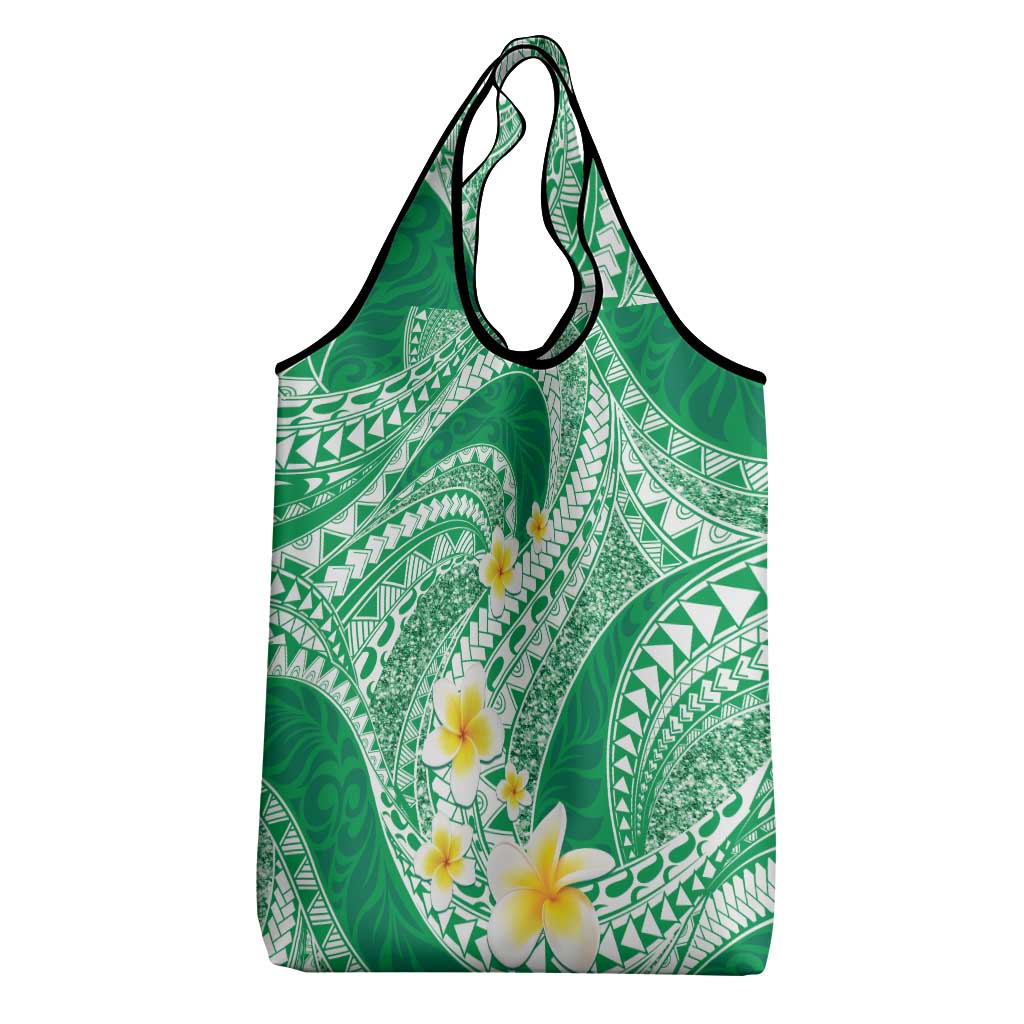 Plumeria Polynesian Green Glitter Pattern Grocery Bag