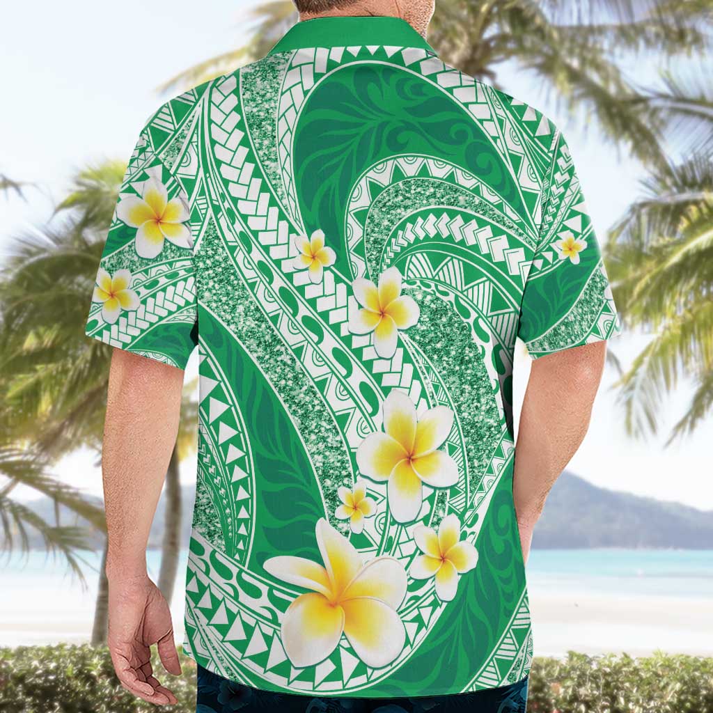 Plumeria Polynesian Green Glitter Pattern Hawaiian Shirt