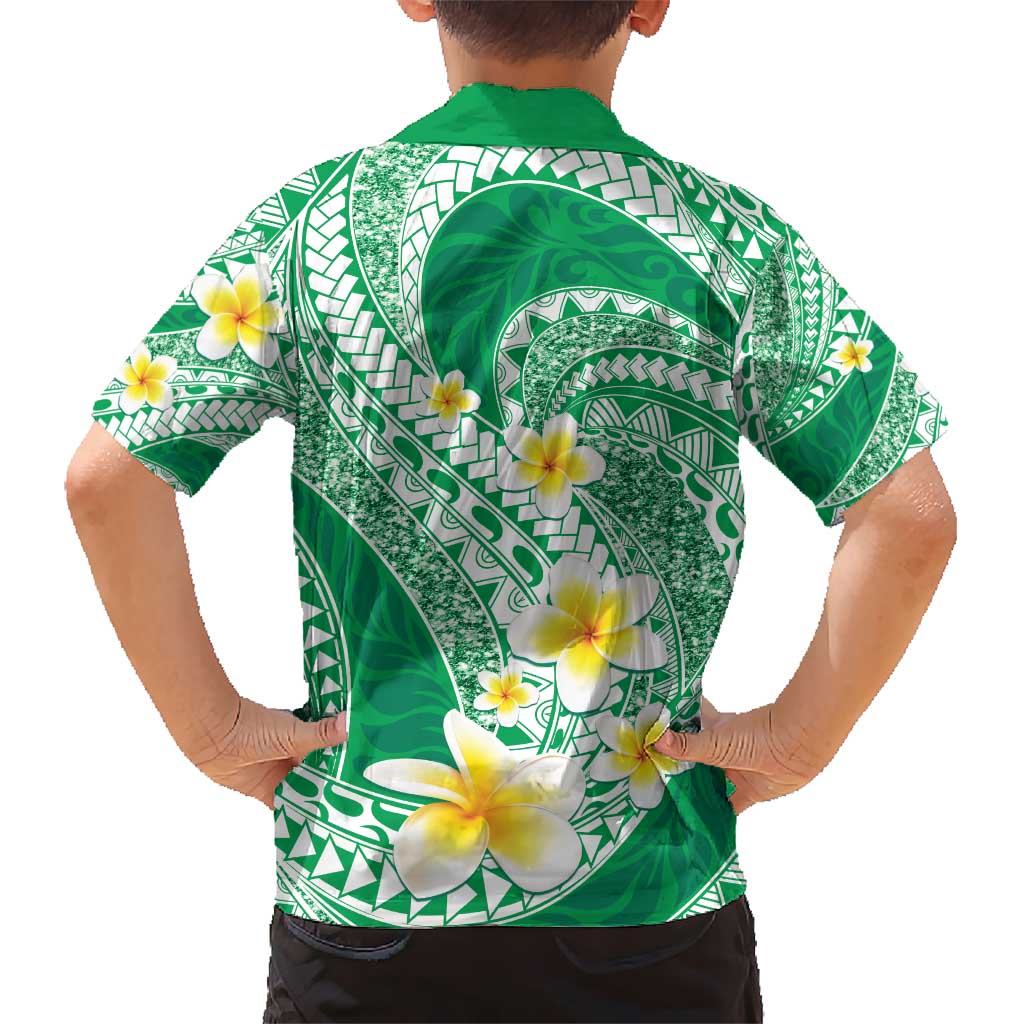 Plumeria Polynesian Green Glitter Pattern Hawaiian Shirt