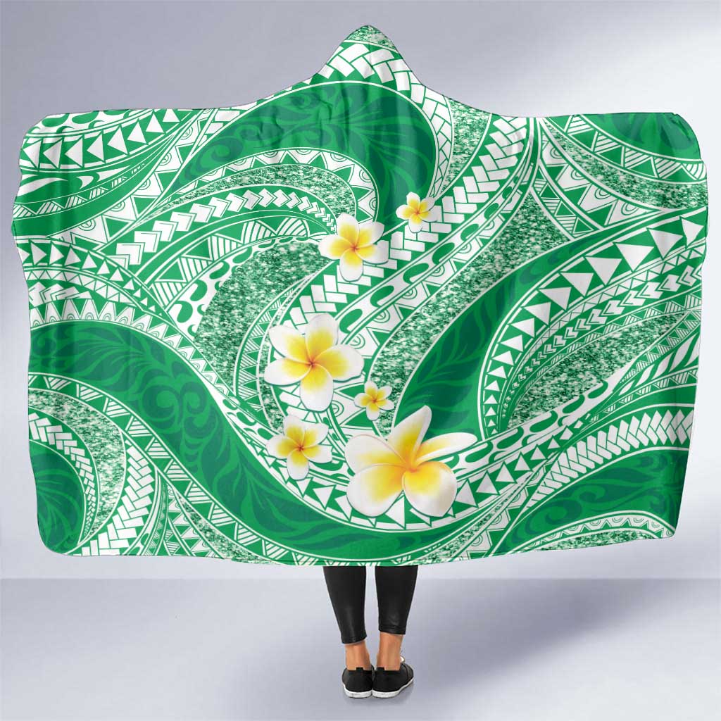 Plumeria Polynesian Green Glitter Pattern Hooded Blanket