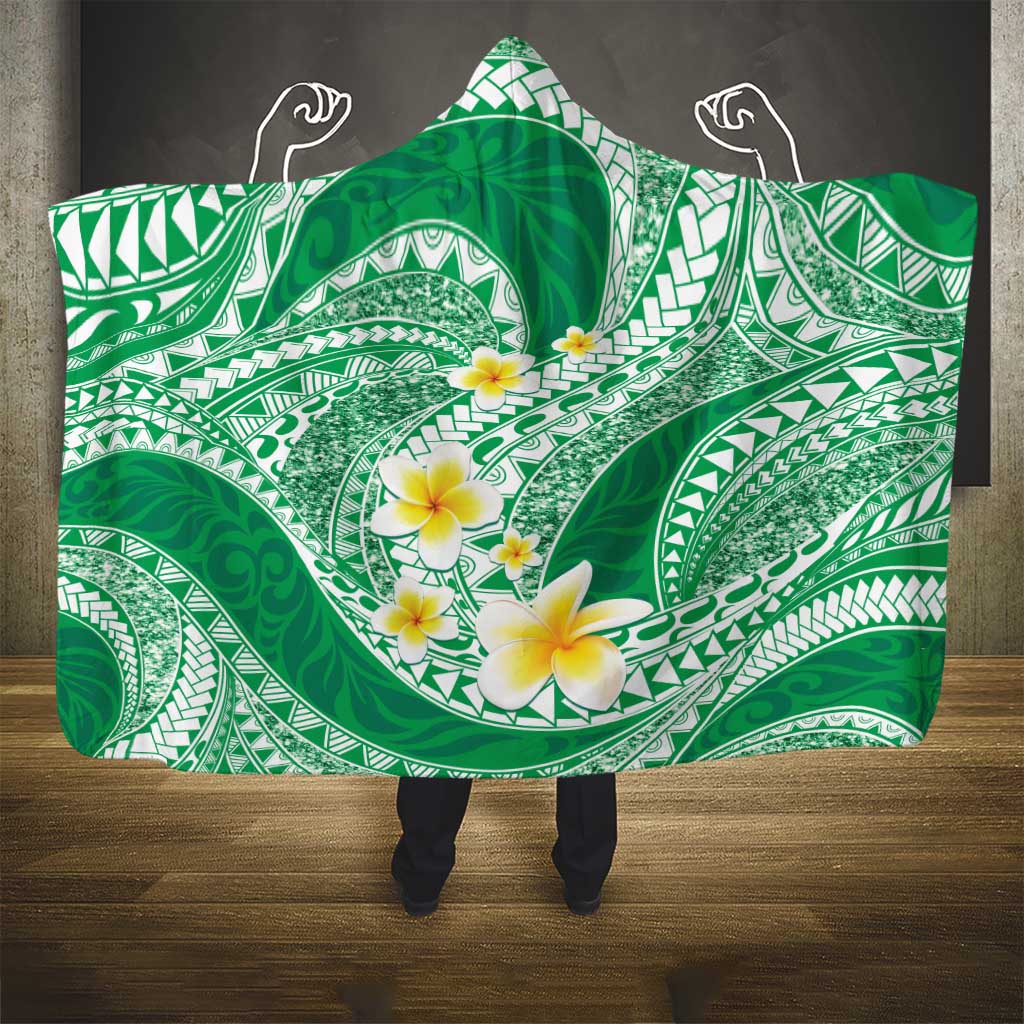 Plumeria Polynesian Green Glitter Pattern Hooded Blanket