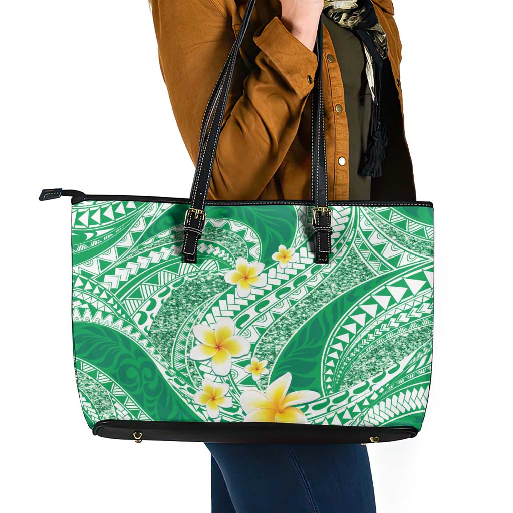 Plumeria Polynesian Green Glitter Pattern Leather Tote Bag LT01 - Polynesian Pride