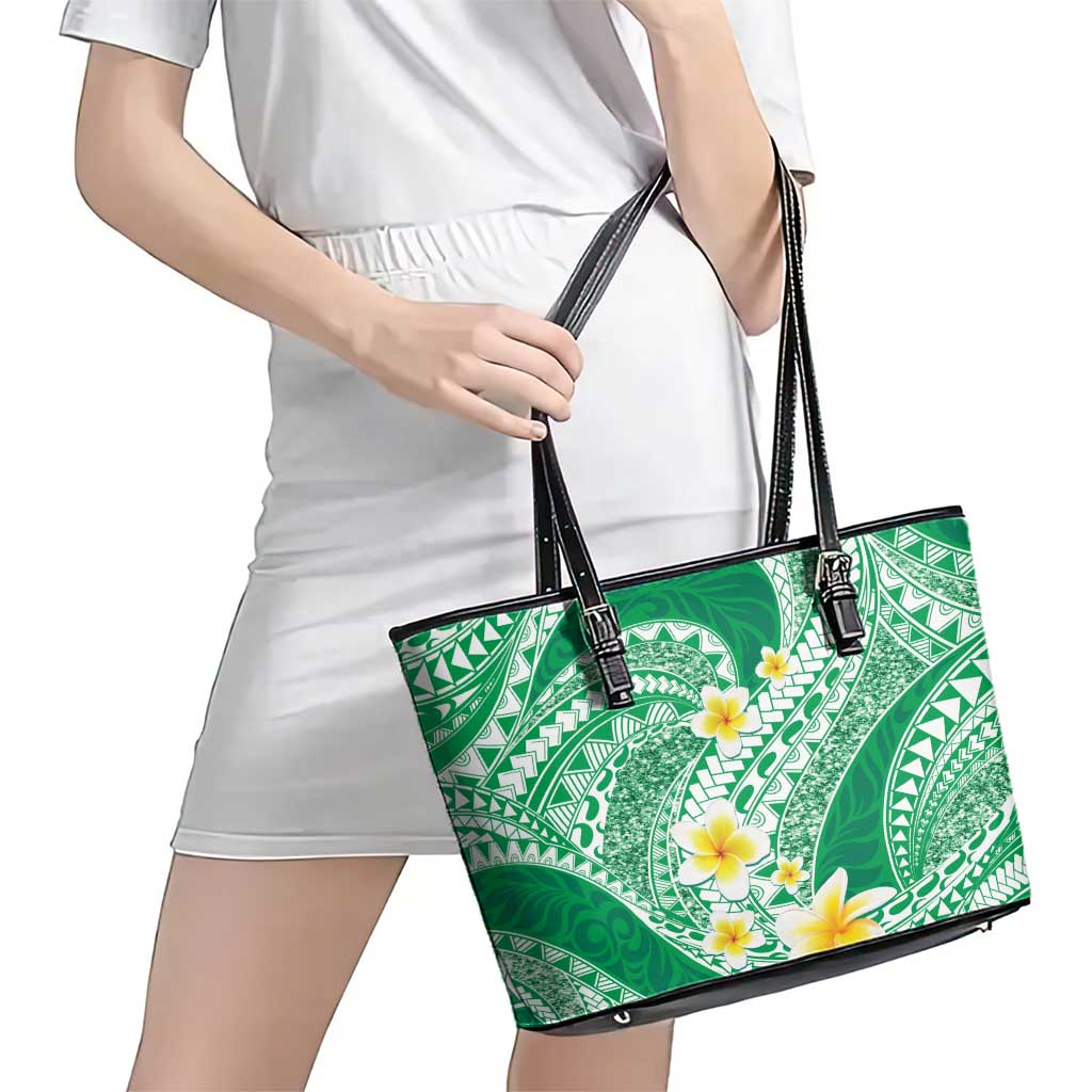 Plumeria Polynesian Green Glitter Pattern Leather Tote Bag LT01 - Polynesian Pride