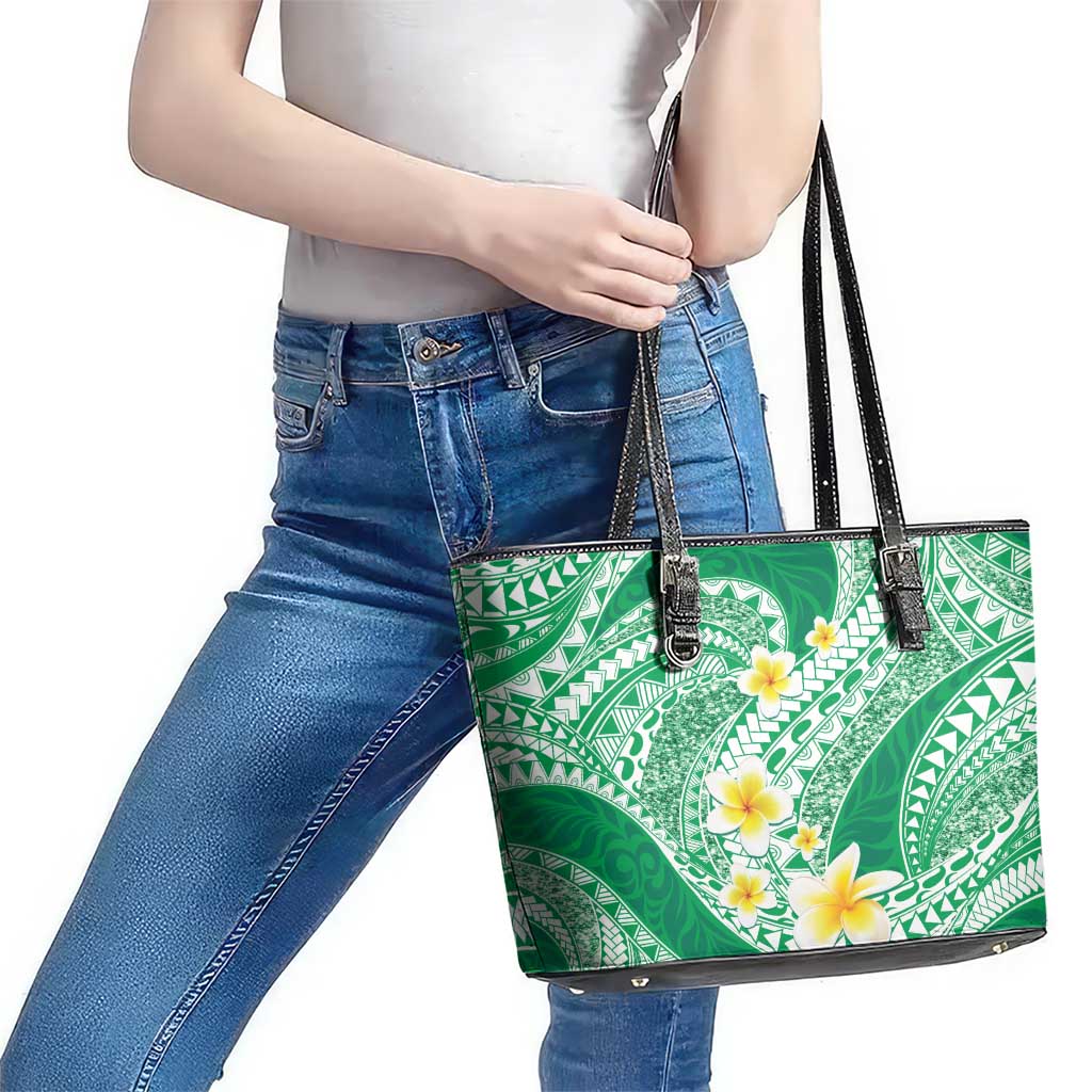 Plumeria Polynesian Green Glitter Pattern Leather Tote Bag LT01 - Polynesian Pride