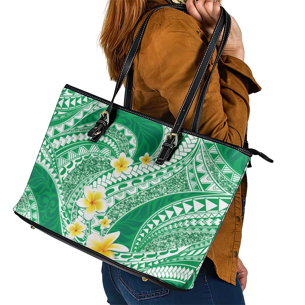 Plumeria Polynesian Green Glitter Pattern Leather Tote Bag LT01 - Polynesian Pride