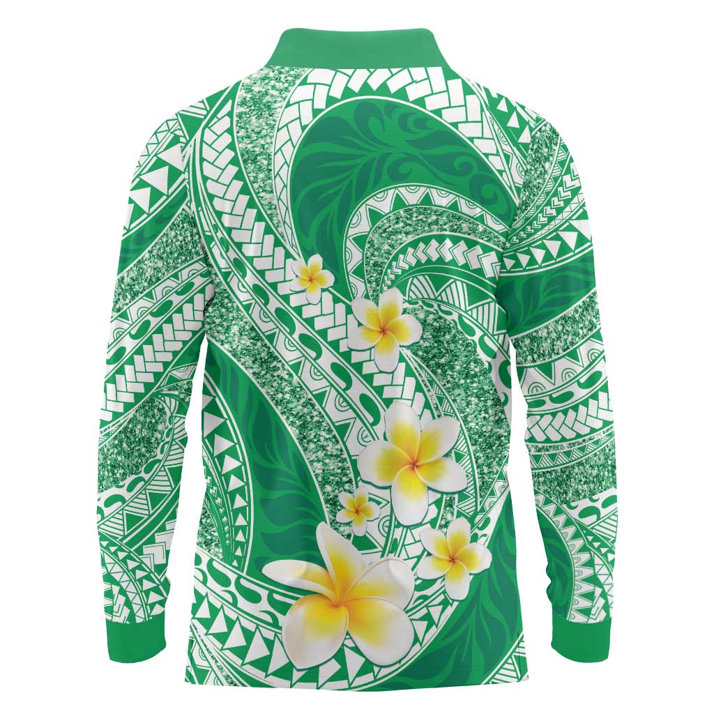 Plumeria Polynesian Green Glitter Pattern Long Sleeve Polo Shirt LT01 - Polynesian Pride