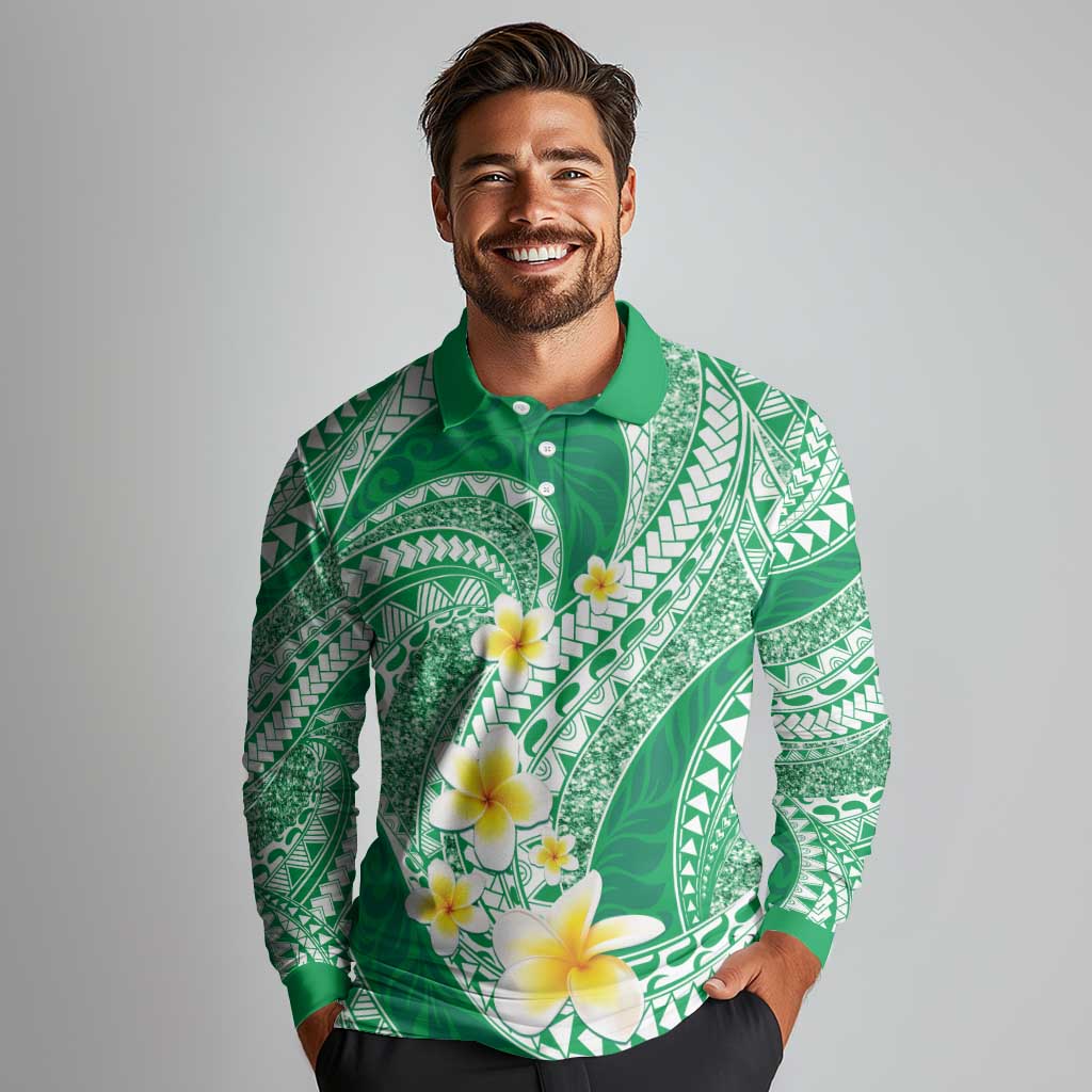 Plumeria Polynesian Green Glitter Pattern Long Sleeve Polo Shirt LT01 - Polynesian Pride