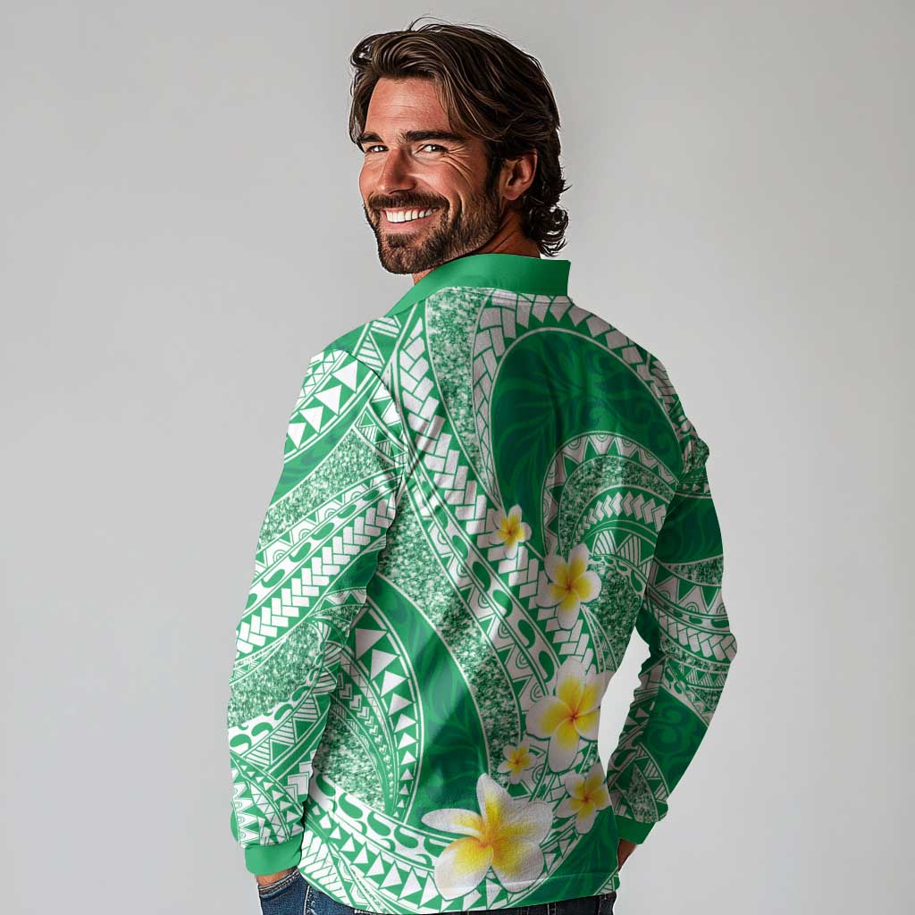 Plumeria Polynesian Green Glitter Pattern Long Sleeve Polo Shirt LT01 - Polynesian Pride
