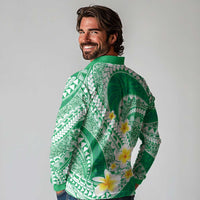 Plumeria Polynesian Green Glitter Pattern Long Sleeve Polo Shirt LT01 - Polynesian Pride