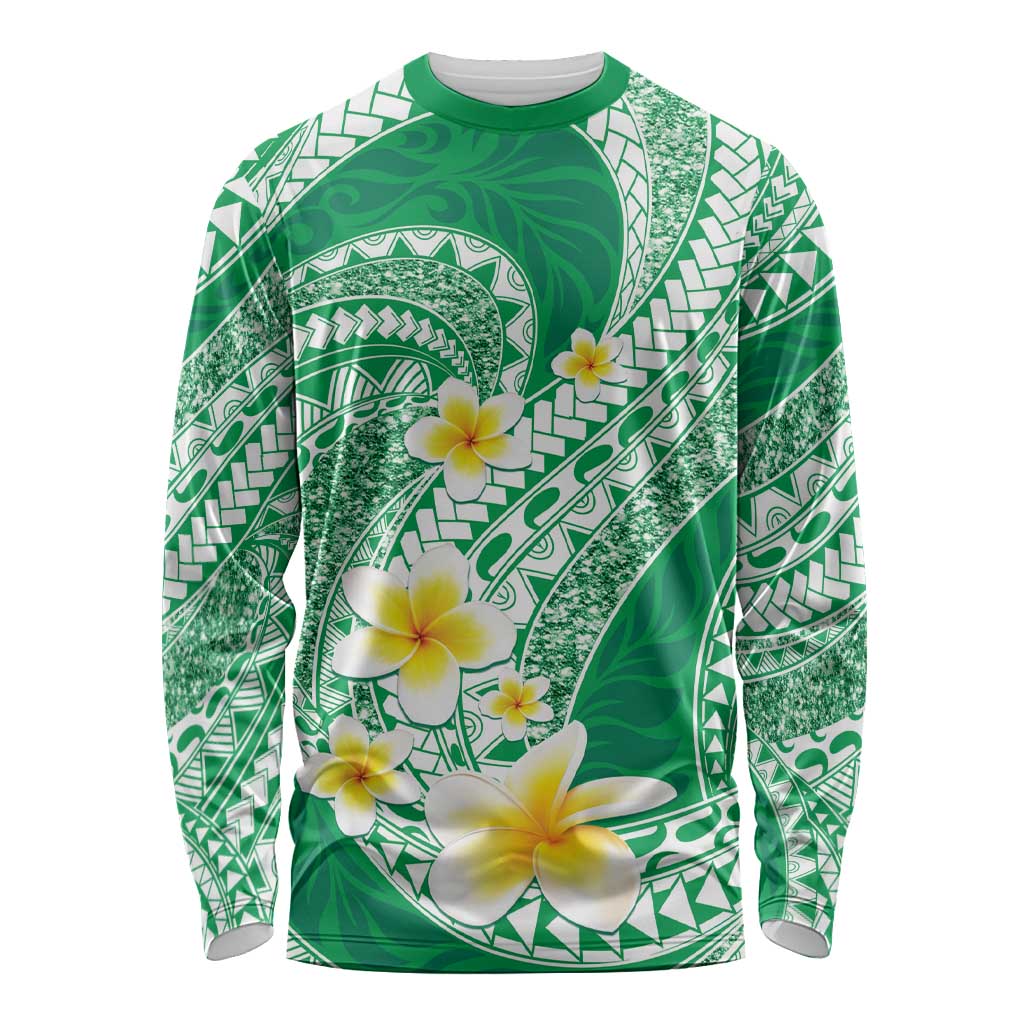 Plumeria Polynesian Green Glitter Pattern Long Sleeve Shirt LT01 Unisex Green - Polynesian Pride