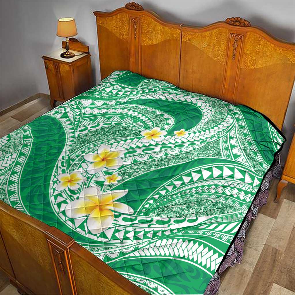 Plumeria Polynesian Green Glitter Pattern Quilt