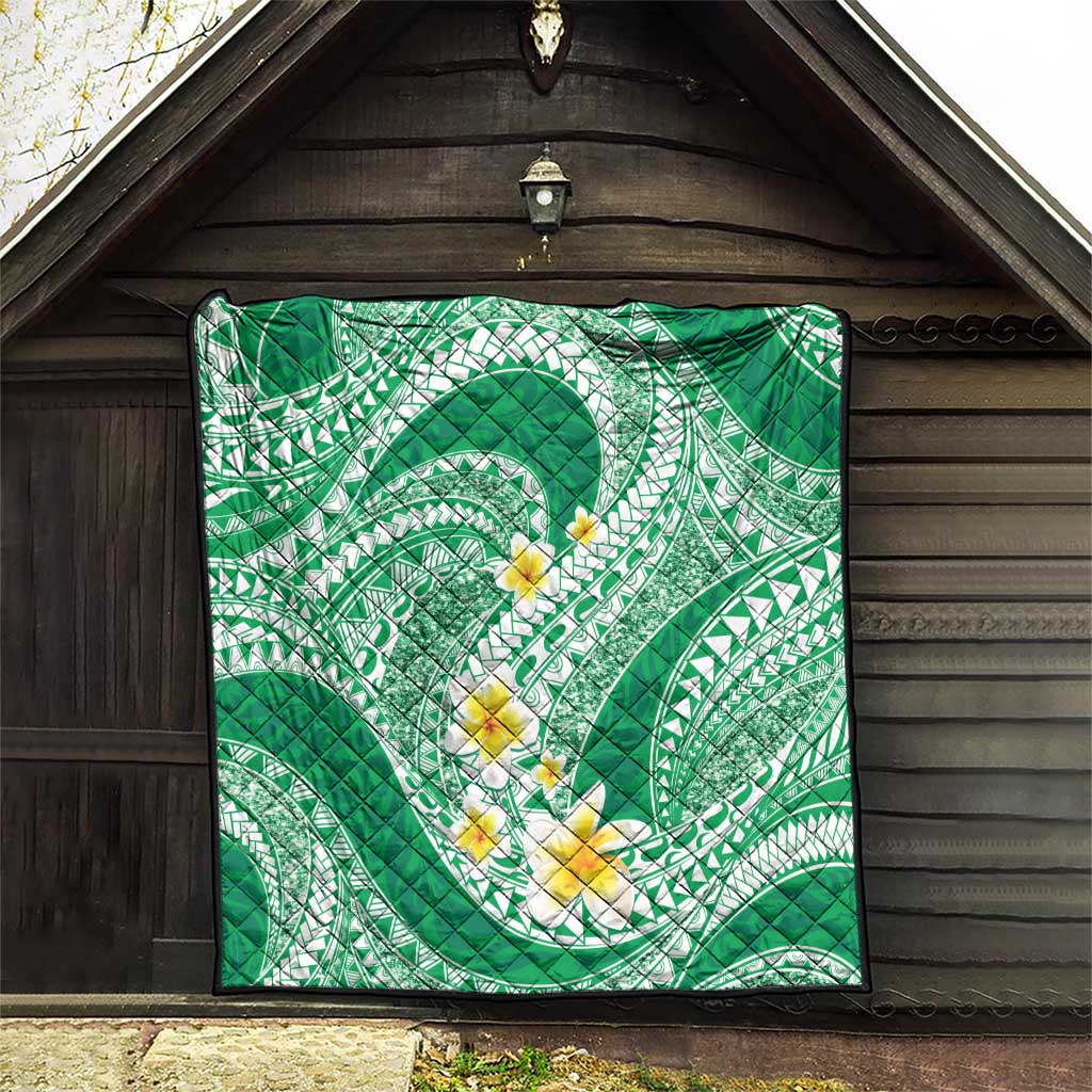 Plumeria Polynesian Green Glitter Pattern Quilt