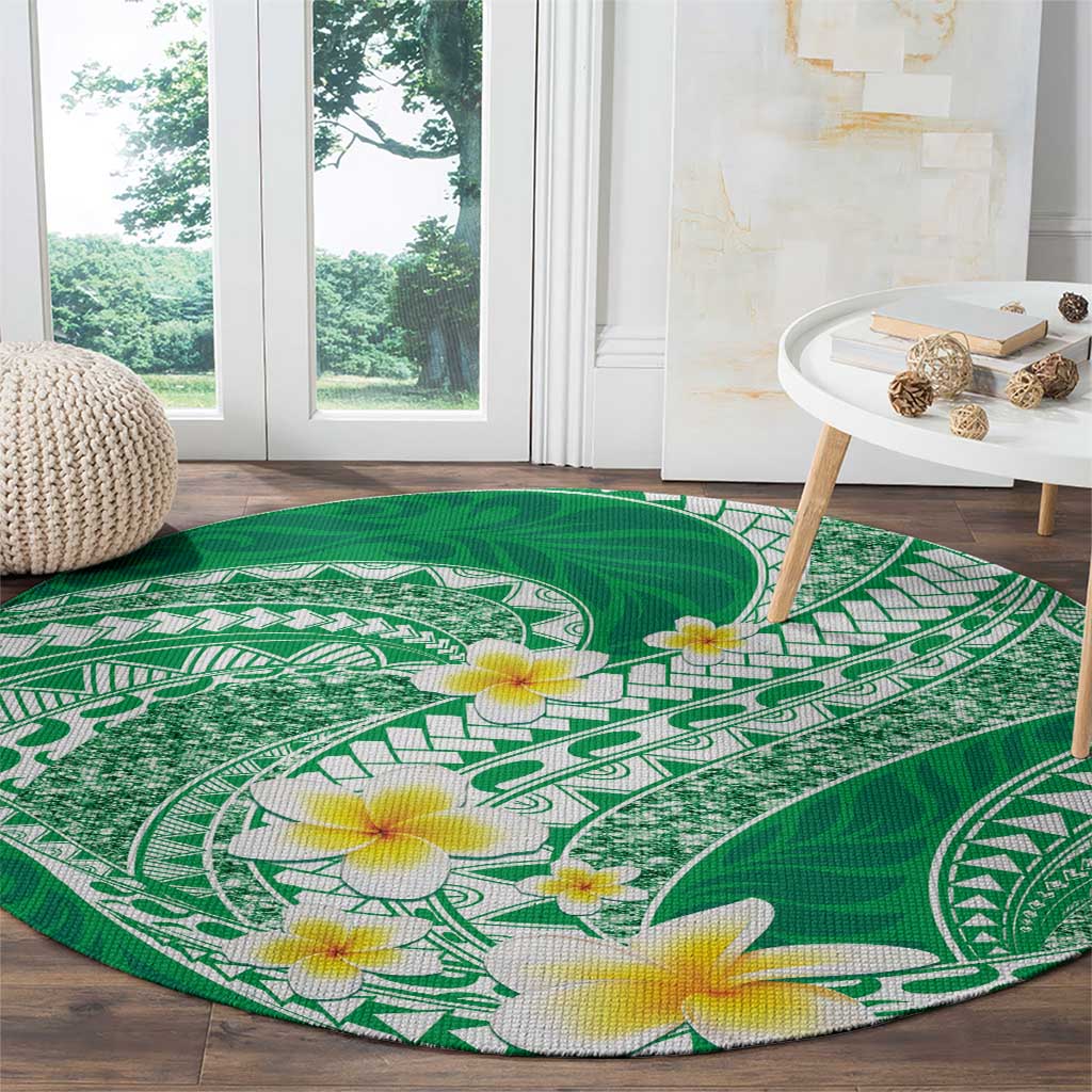 Plumeria Polynesian Green Glitter Pattern Round Carpet