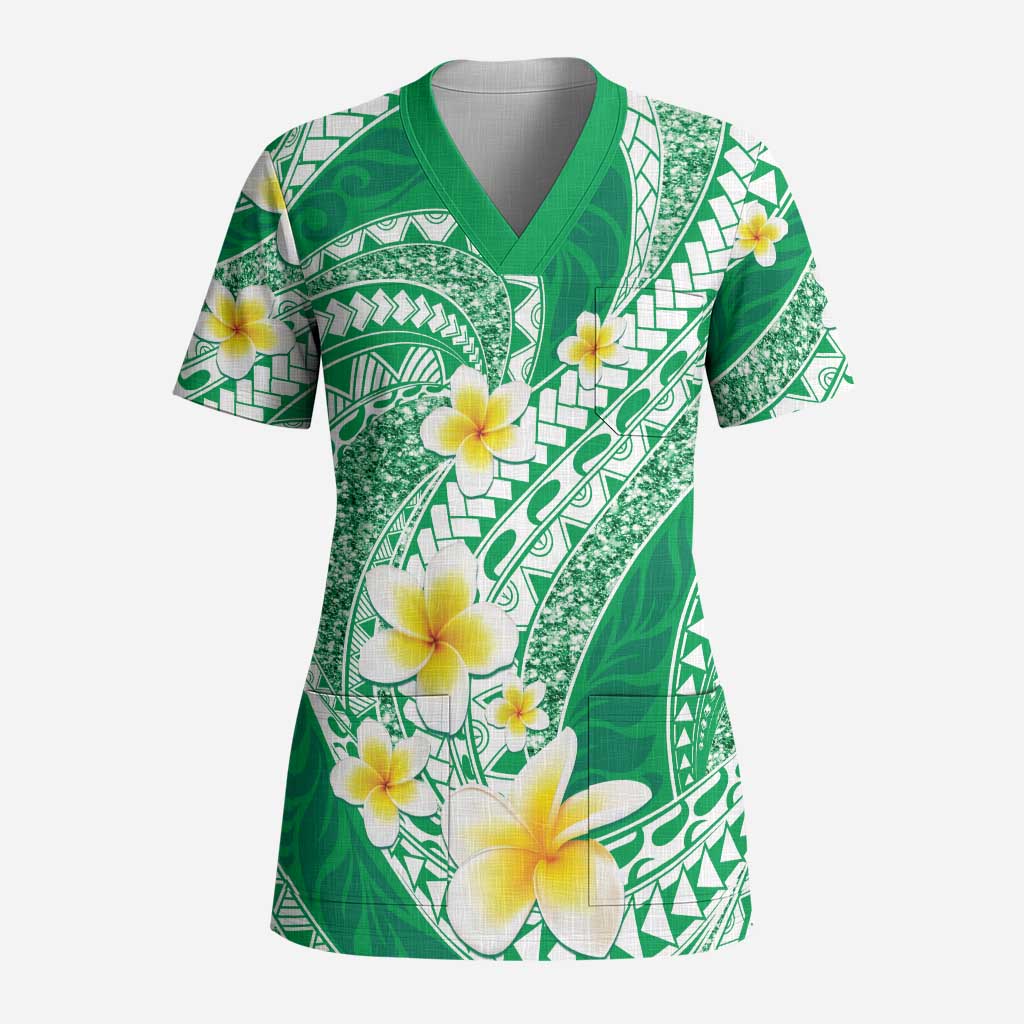 Plumeria Polynesian Green Glitter Pattern Scrub Top - Polynesian Pride