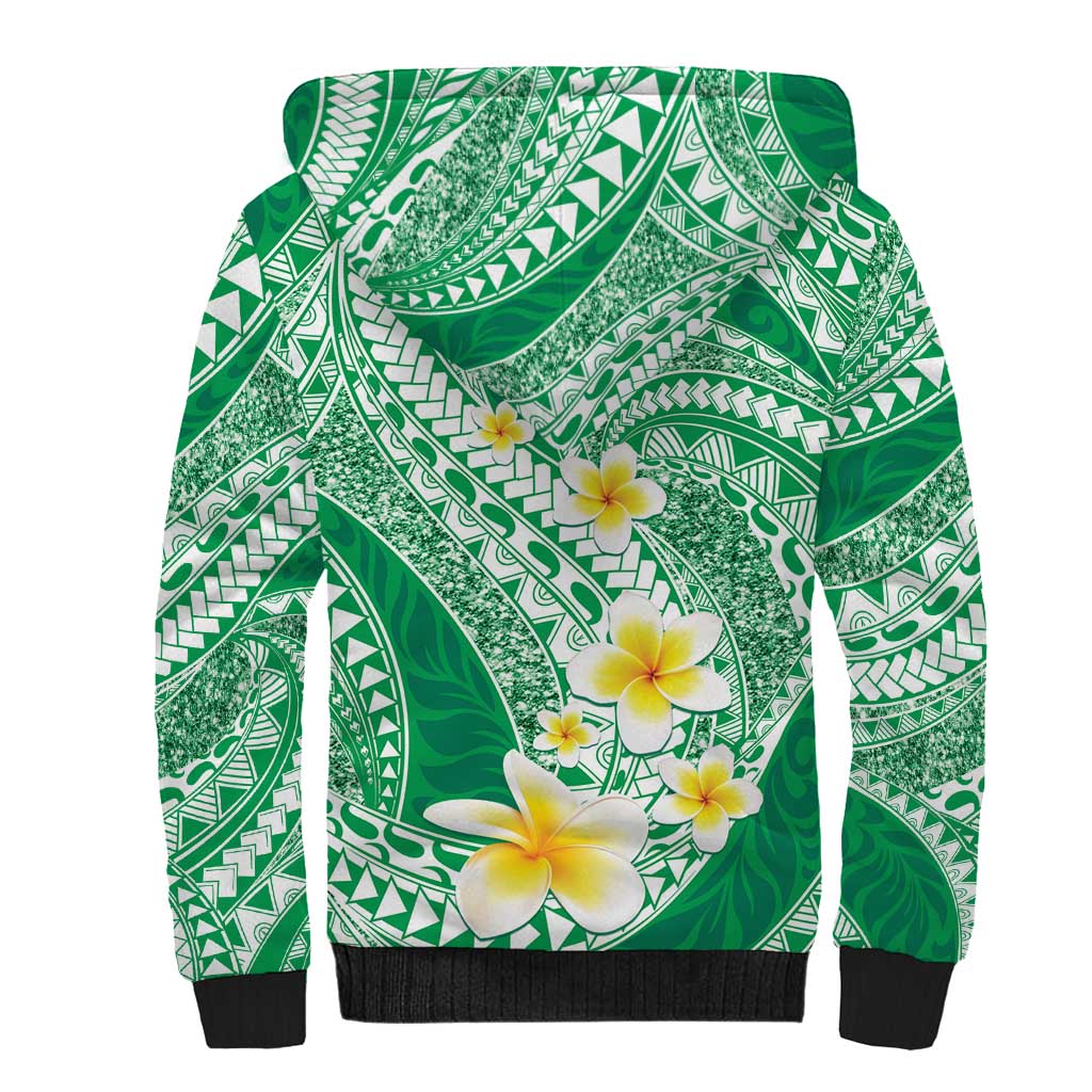 Plumeria Polynesian Green Glitter Pattern Sherpa Hoodie