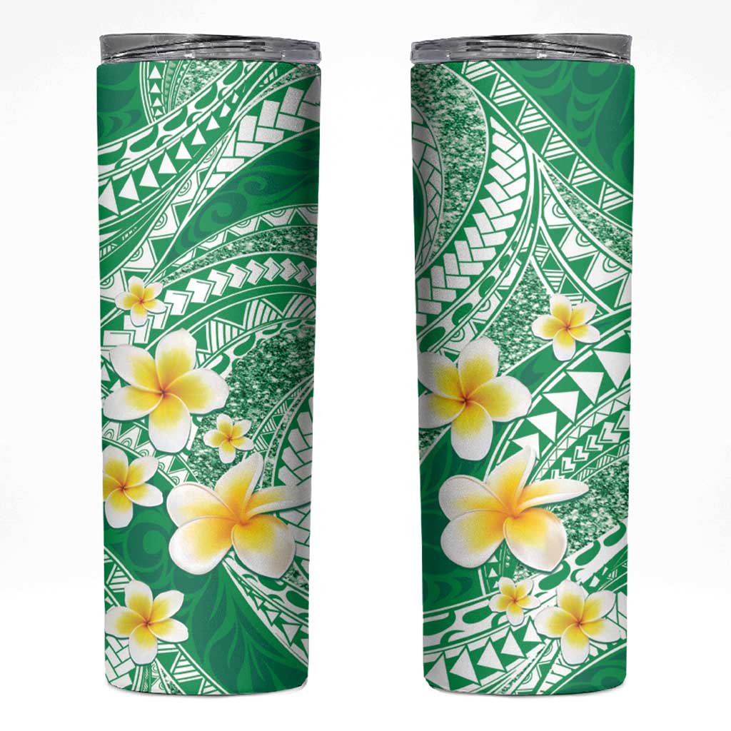 Plumeria Polynesian Green Glitter Pattern Skinny Tumbler LT01 Green - Polynesian Pride