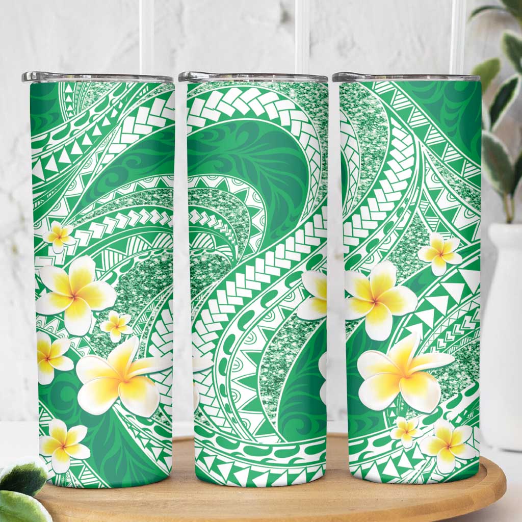 Plumeria Polynesian Green Glitter Pattern Skinny Tumbler LT01 - Polynesian Pride