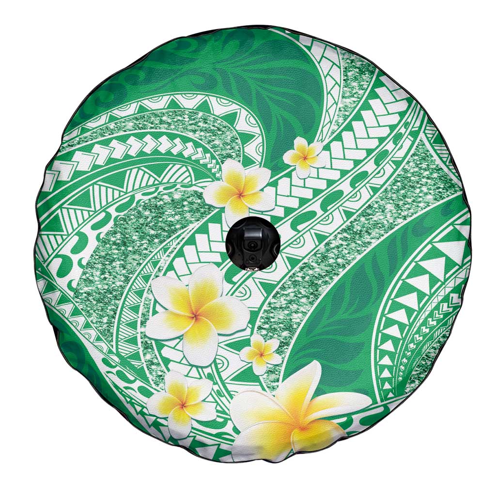 Plumeria Polynesian Green Glitter Pattern Spare Tire Cover