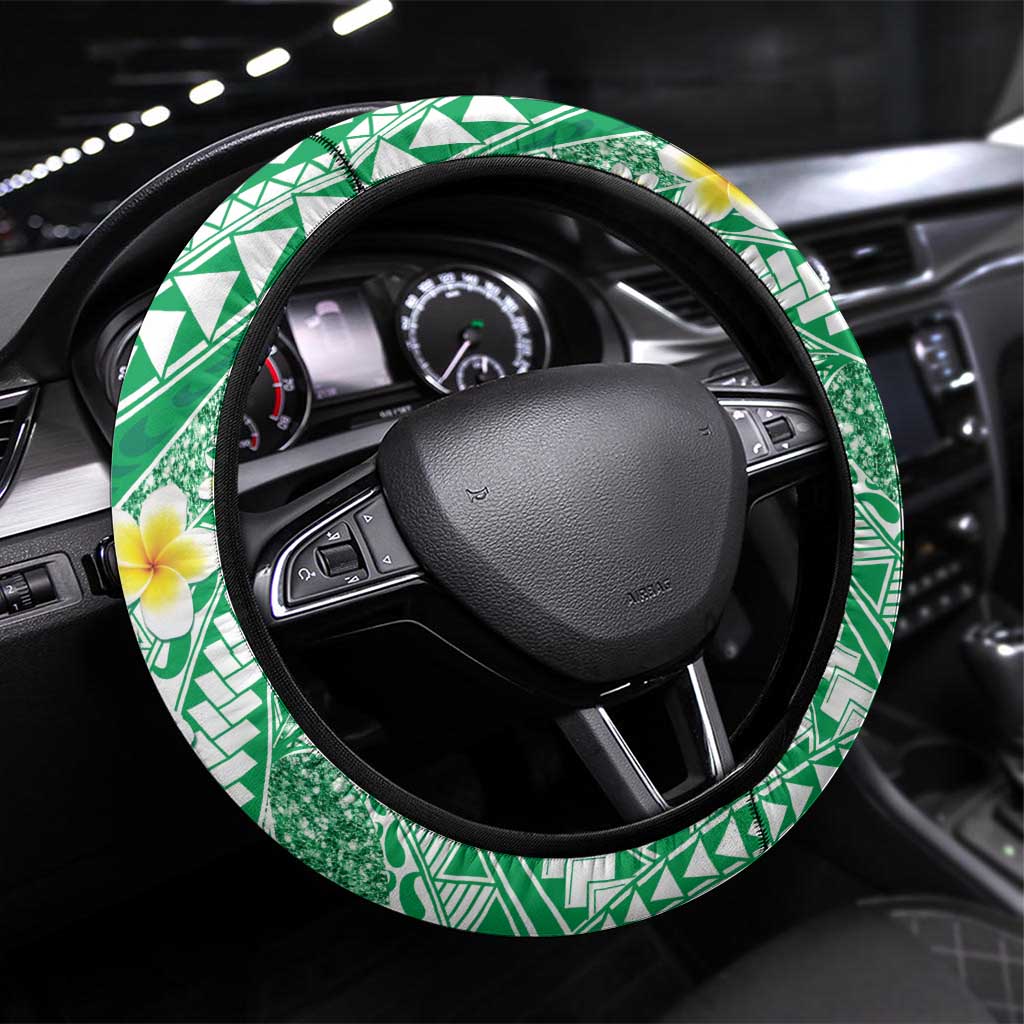 Plumeria Polynesian Green Glitter Pattern Steering Wheel Cover