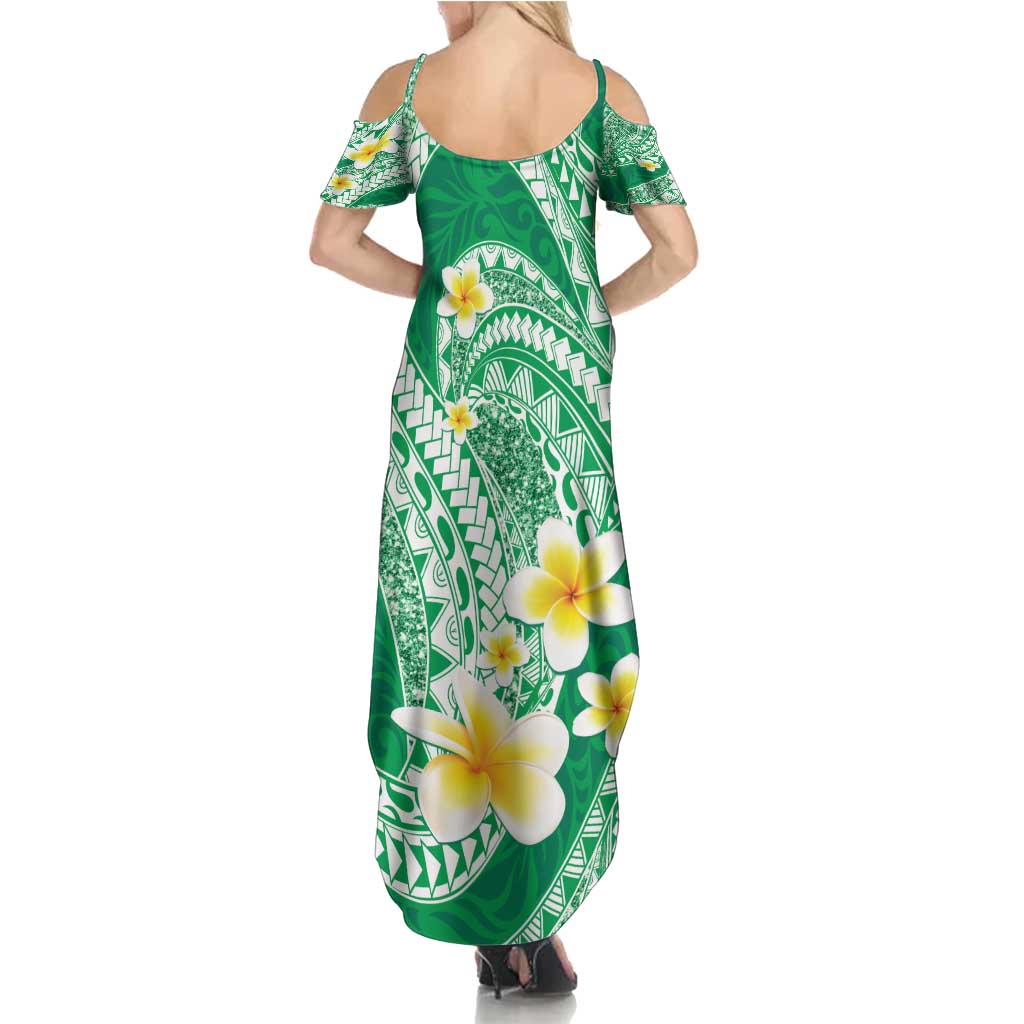 Plumeria Polynesian Green Glitter Pattern Summer Maxi Dress