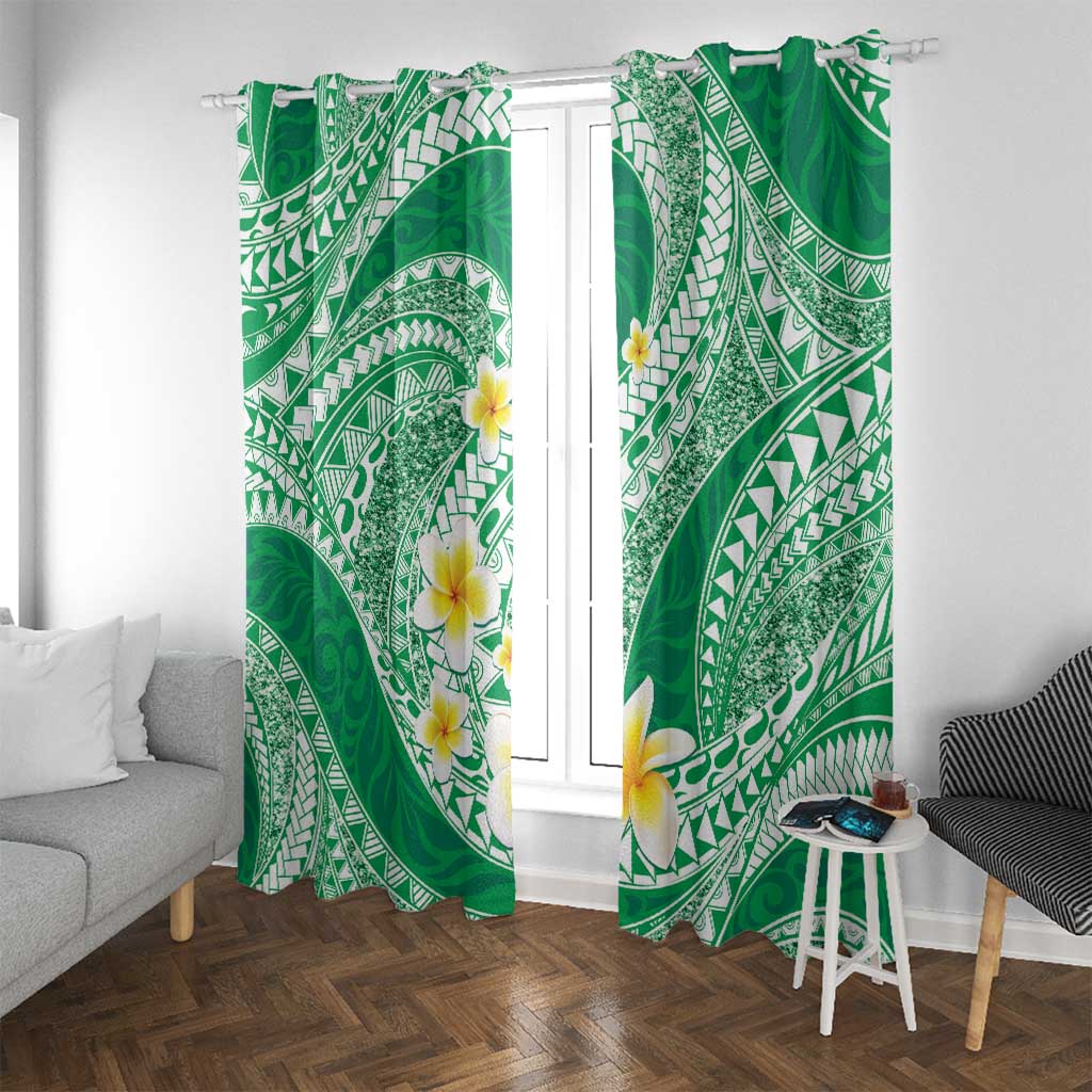 Plumeria Polynesian Green Glitter Pattern Window Curtain