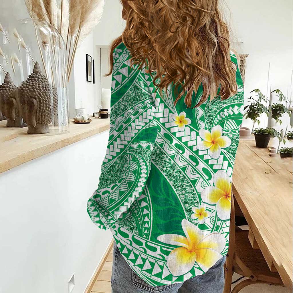 Plumeria Polynesian Green Glitter Pattern Women Casual Shirt LT01 - Polynesian Pride