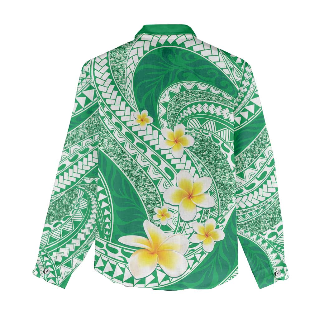 Plumeria Polynesian Green Glitter Pattern Women Casual Shirt LT01 - Polynesian Pride