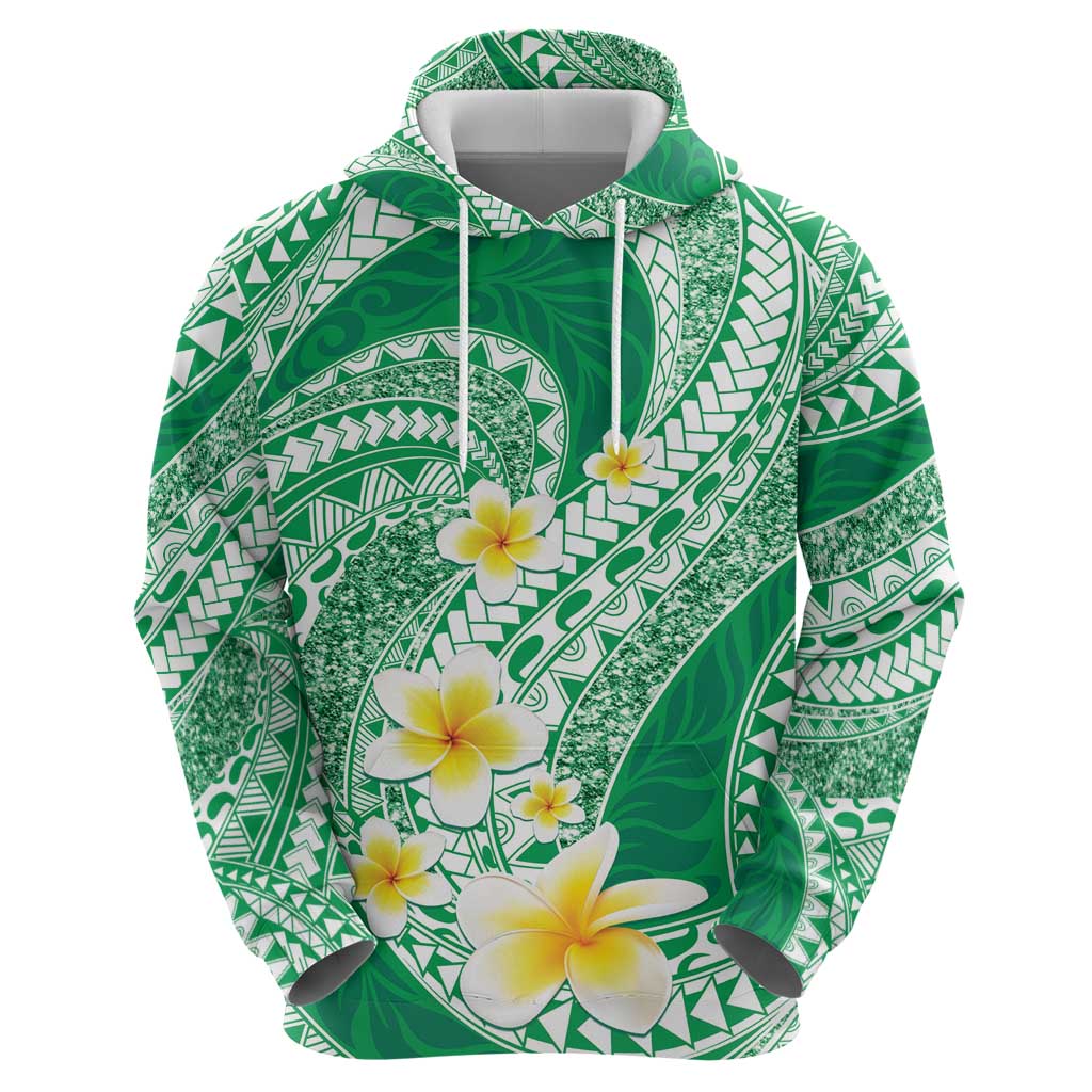 Plumeria Polynesian Green Glitter Pattern Zip Hoodie