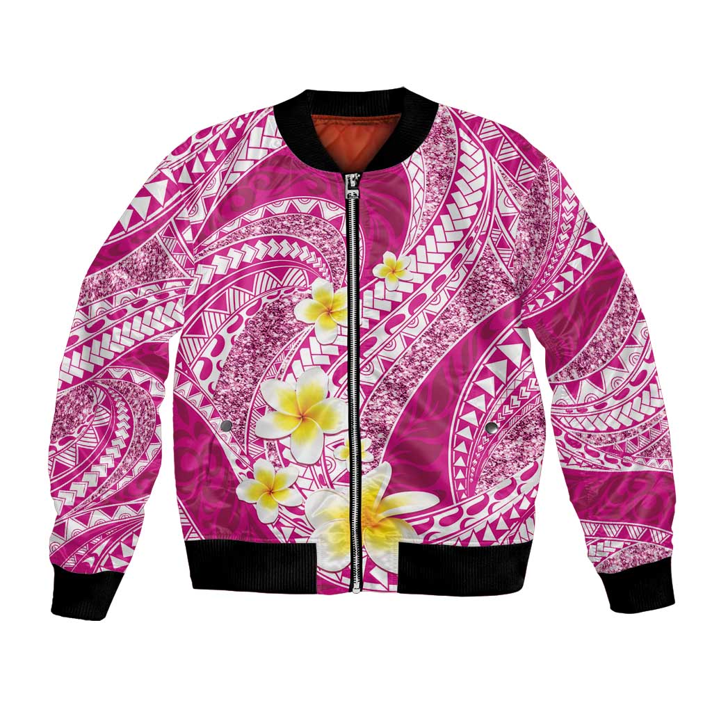 Plumeria Polynesian Pink Glitter Pattern Bomber Jacket