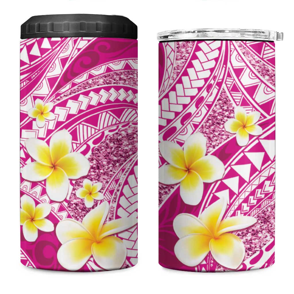 Plumeria Polynesian Pink Glitter Pattern 4 in 1 Can Cooler Tumbler