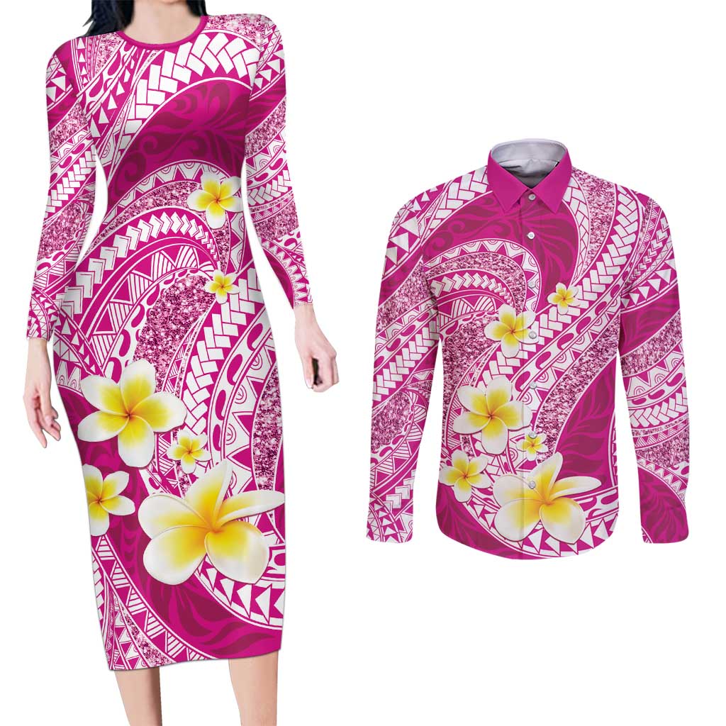 Plumeria Polynesian Pink Glitter Pattern Couples Matching Long Sleeve Bodycon Dress and Long Sleeve Button Shirt