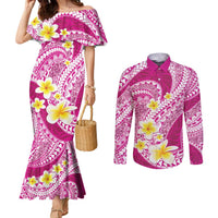 Plumeria Polynesian Pink Glitter Pattern Couples Matching Mermaid Dress and Long Sleeve Button Shirt LT01 Pink - Polynesian Pride