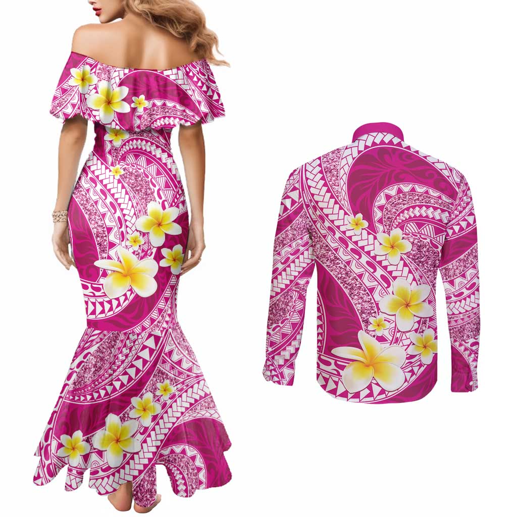 Plumeria Polynesian Pink Glitter Pattern Couples Matching Mermaid Dress and Long Sleeve Button Shirt LT01 - Polynesian Pride
