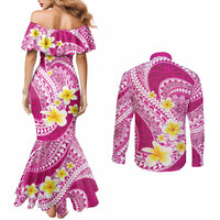 Plumeria Polynesian Pink Glitter Pattern Couples Matching Mermaid Dress and Long Sleeve Button Shirt LT01 - Polynesian Pride