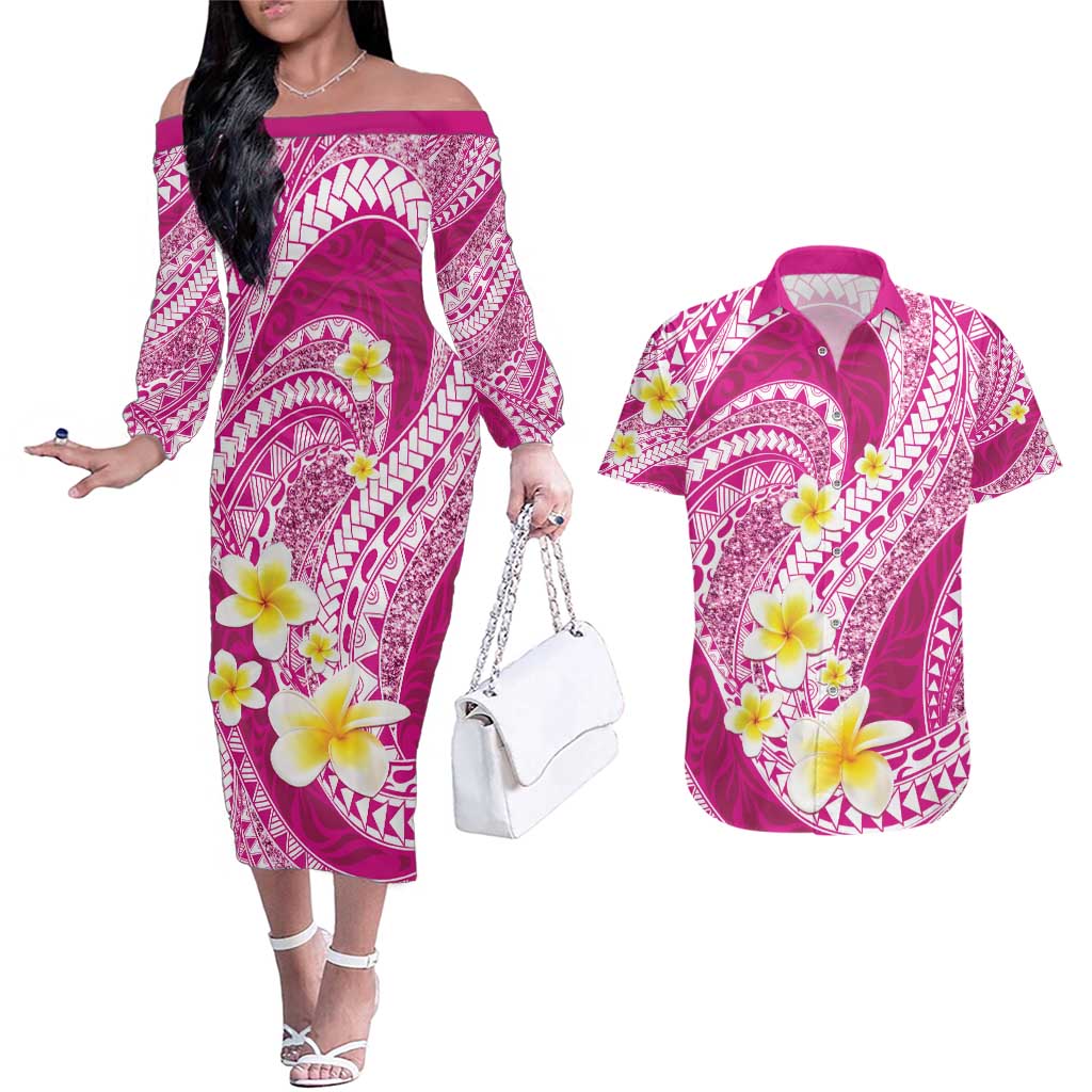 Plumeria Polynesian Pink Glitter Pattern Couples Matching Off The Shoulder Long Sleeve Dress and Hawaiian Shirt