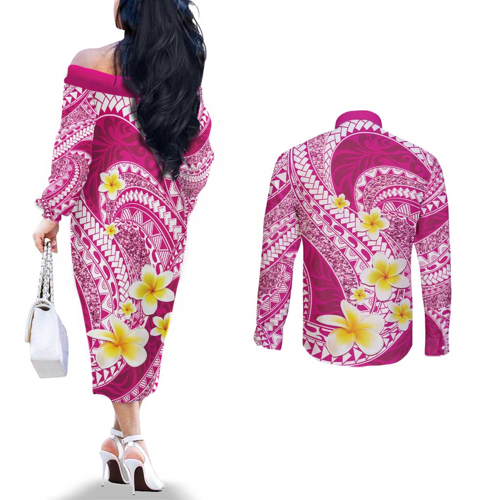 Plumeria Polynesian Pink Glitter Pattern Couples Matching Off The Shoulder Long Sleeve Dress and Long Sleeve Button Shirt