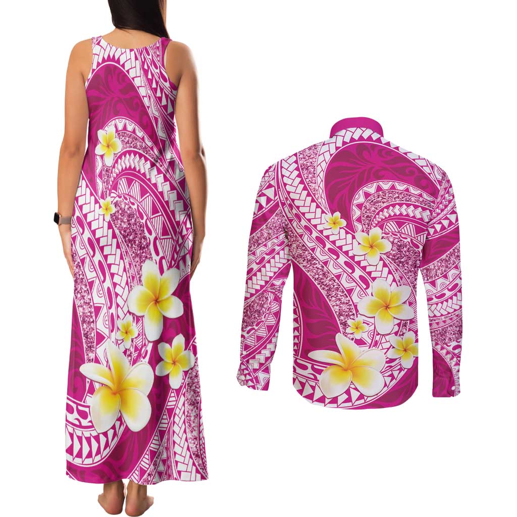 Plumeria Polynesian Pink Glitter Pattern Couples Matching Tank Maxi Dress and Long Sleeve Button Shirt
