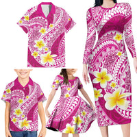 Plumeria Polynesian Pink Glitter Pattern Family Matching Long Sleeve Bodycon Dress and Hawaiian Shirt LT01 - Polynesian Pride