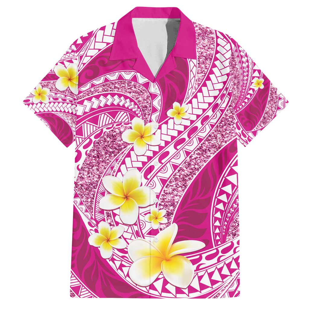 Plumeria Polynesian Pink Glitter Pattern Family Matching Long Sleeve Bodycon Dress and Hawaiian Shirt LT01 Dad's Shirt - Short Sleeve Pink - Polynesian Pride