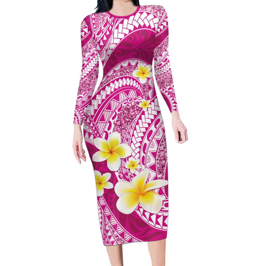 Plumeria Polynesian Pink Glitter Pattern Family Matching Long Sleeve Bodycon Dress and Hawaiian Shirt LT01 Mom's Dress Pink - Polynesian Pride