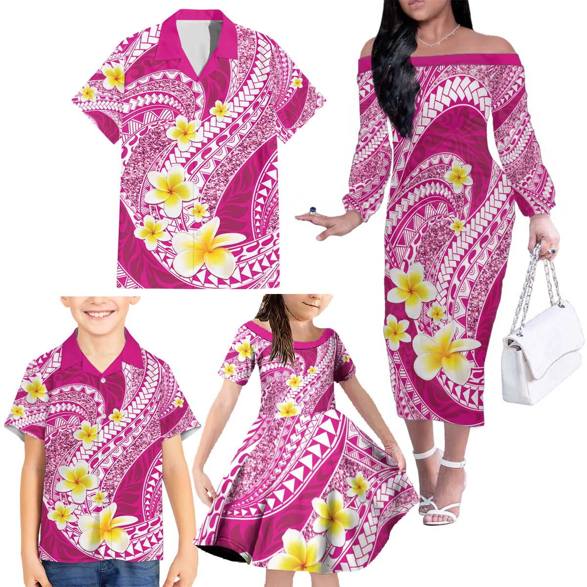 Plumeria Polynesian Pink Glitter Pattern Family Matching Off The Shoulder Long Sleeve Dress and Hawaiian Shirt