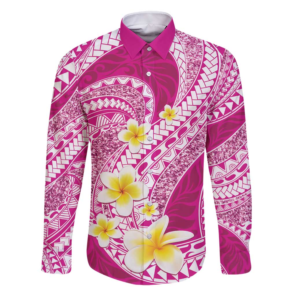Plumeria Polynesian Pink Glitter Pattern Family Matching Off Shoulder Maxi Dress and Hawaiian Shirt LT01 Dad's Shirt - Long Sleeve Pink - Polynesian Pride
