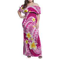 Plumeria Polynesian Pink Glitter Pattern Family Matching Off Shoulder Maxi Dress and Hawaiian Shirt LT01 Mom's Dress Pink - Polynesian Pride