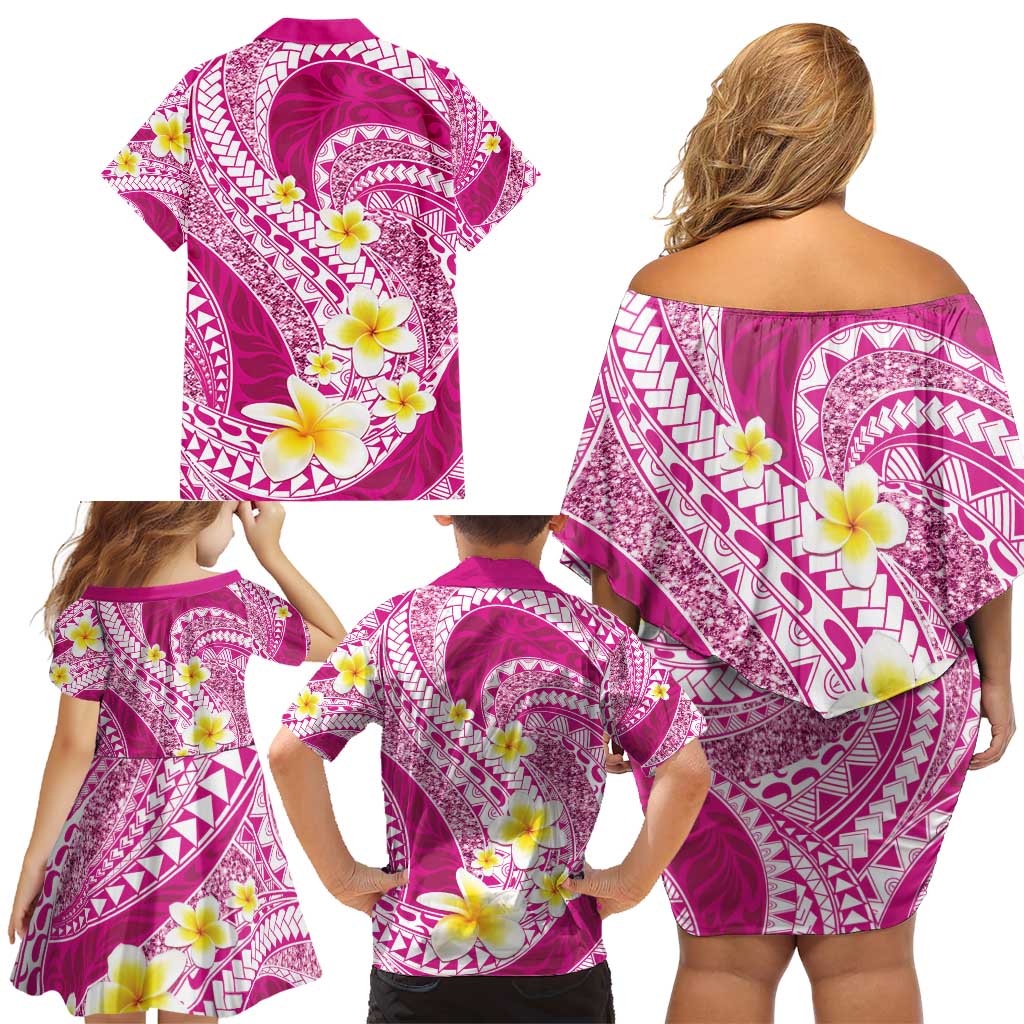 Plumeria Polynesian Pink Glitter Pattern Family Matching Off Shoulder Short Dress and Hawaiian Shirt LT01 - Polynesian Pride